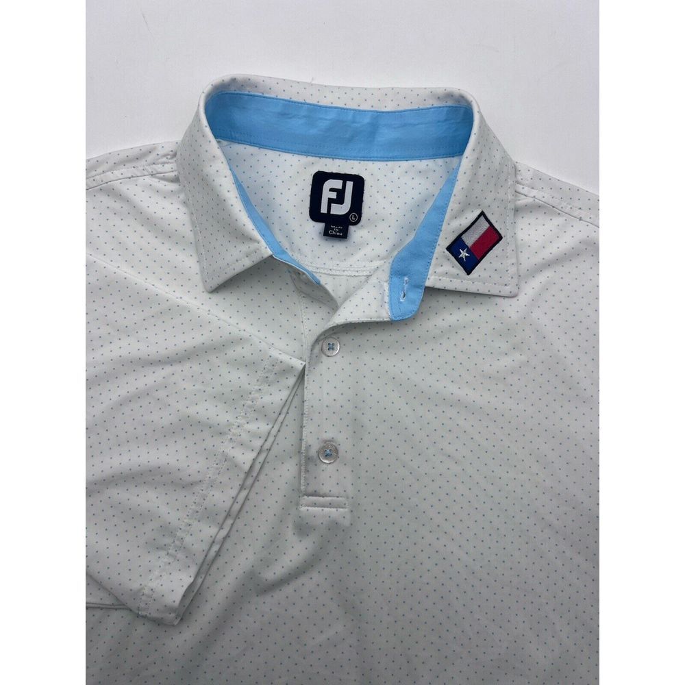 Footjoy Polo‎ Shirt Mens Large White Blue Spotted Performance FJ The Dominion